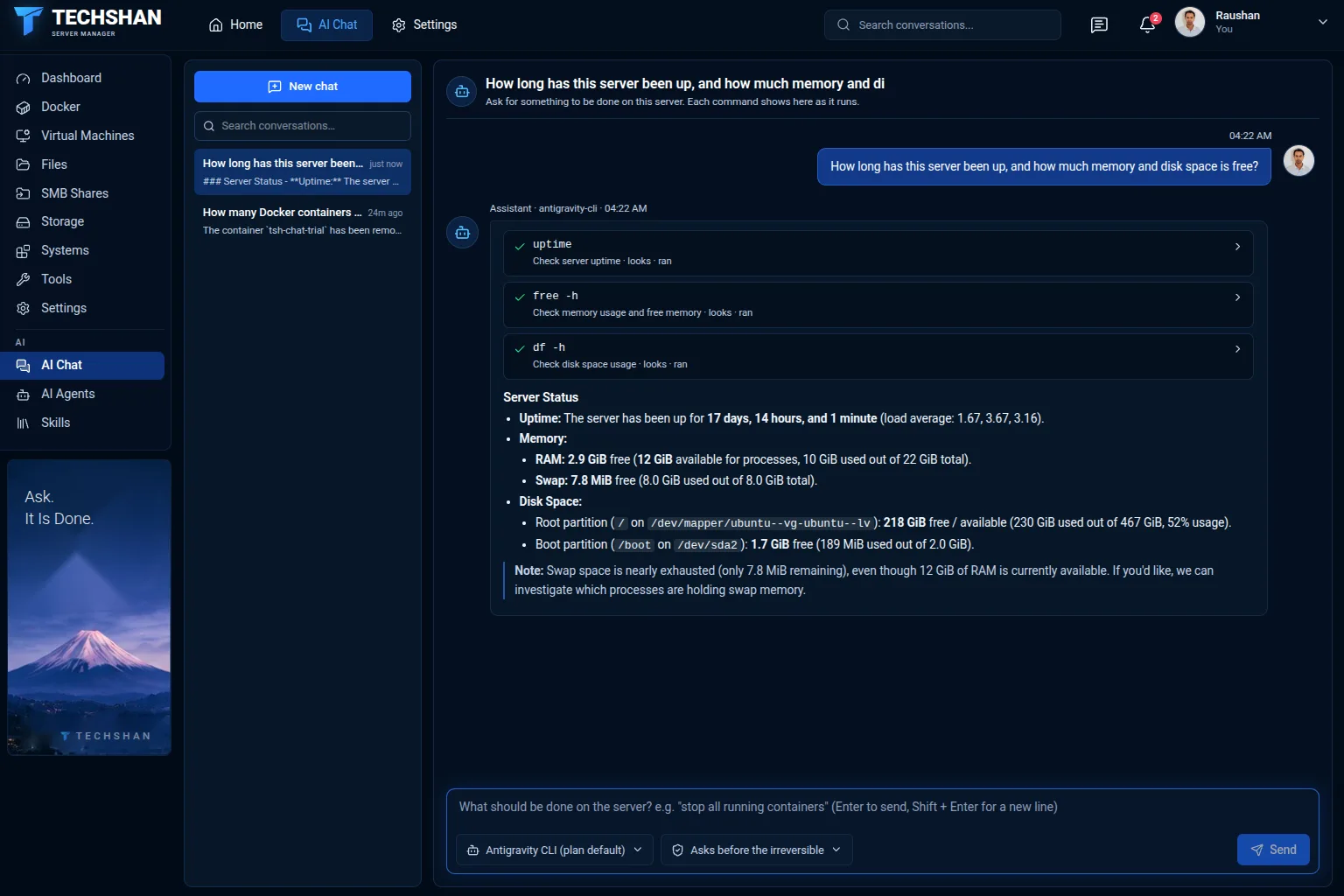 AI Chat: a question about the server, the commands that were run, and the answer